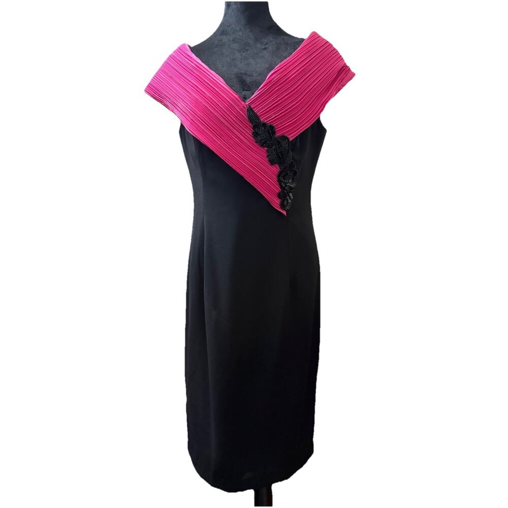 Vintage 90s Nan Nan Collection Black Pink Pleated Beaded Cocktail Dress Size 12